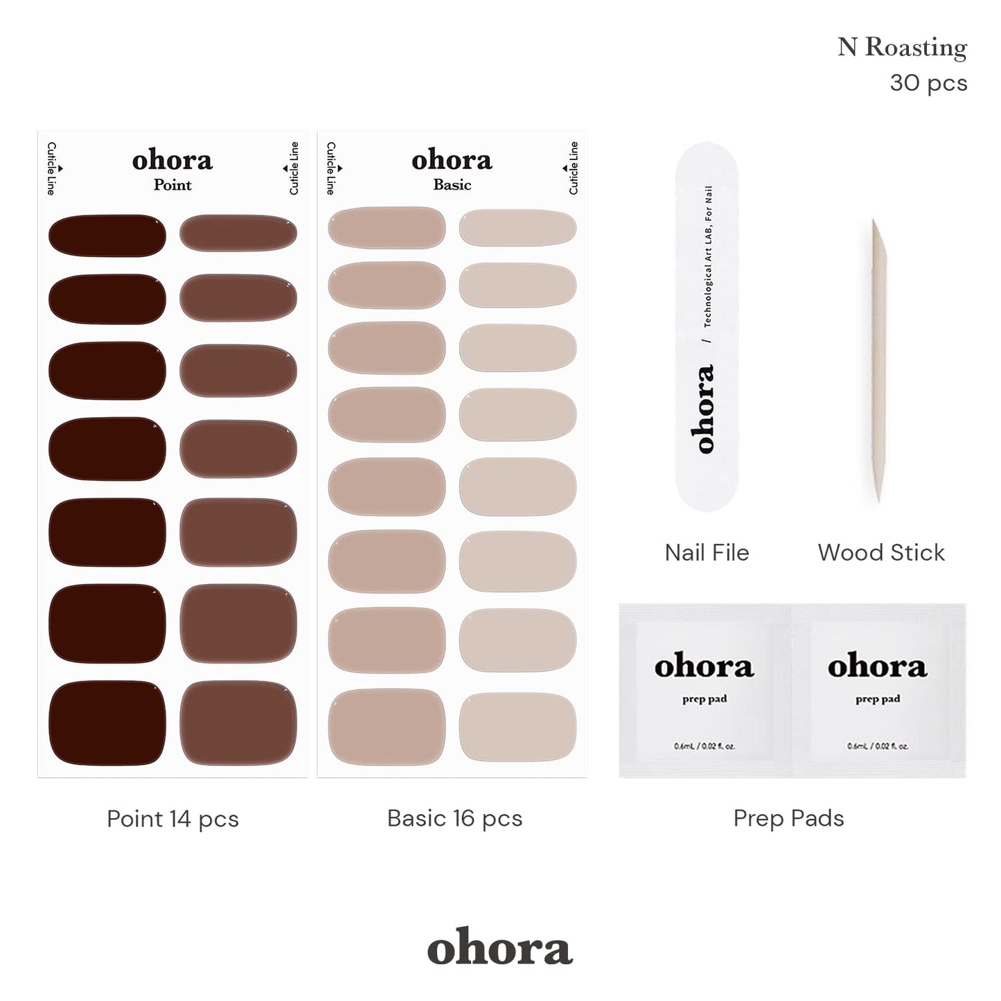 ohora Semi Cured Gel Nail Strips (N Roasting) - Brown, Solid, Works with Any UV/LED Lamps, Salon-Quality, Long Lasting, Easy to Apply & Remove - Includes 2 Prep Pads, Nail File & Wooden Stick