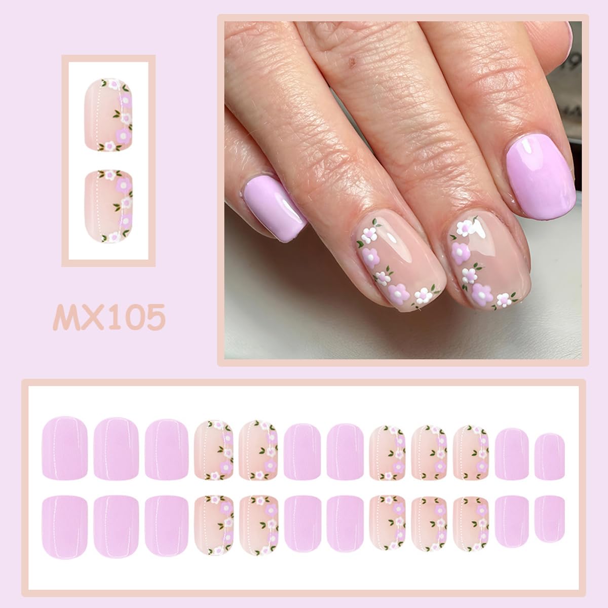 Spring Press on False Nails Purple Fake Nails Short Square Glue on Nails with Cute Flower Designs Glossy Nude Press ons Stick on Nail for Women Manicure 24Pcs