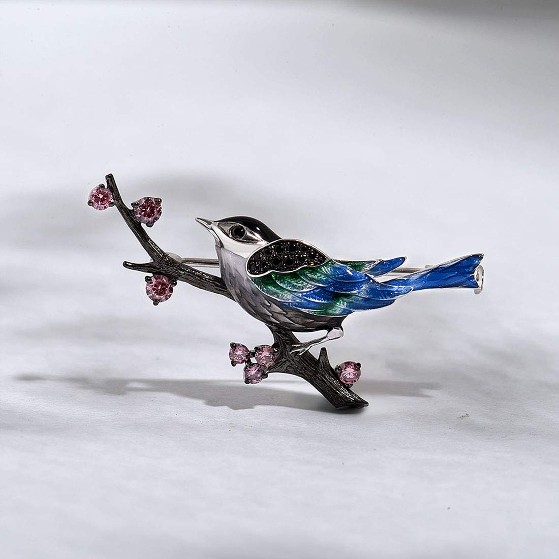 Santuzza Magpie Brooch 925 Sterling Silver Enamel Bird Black Spinel Brooches Pin for Women