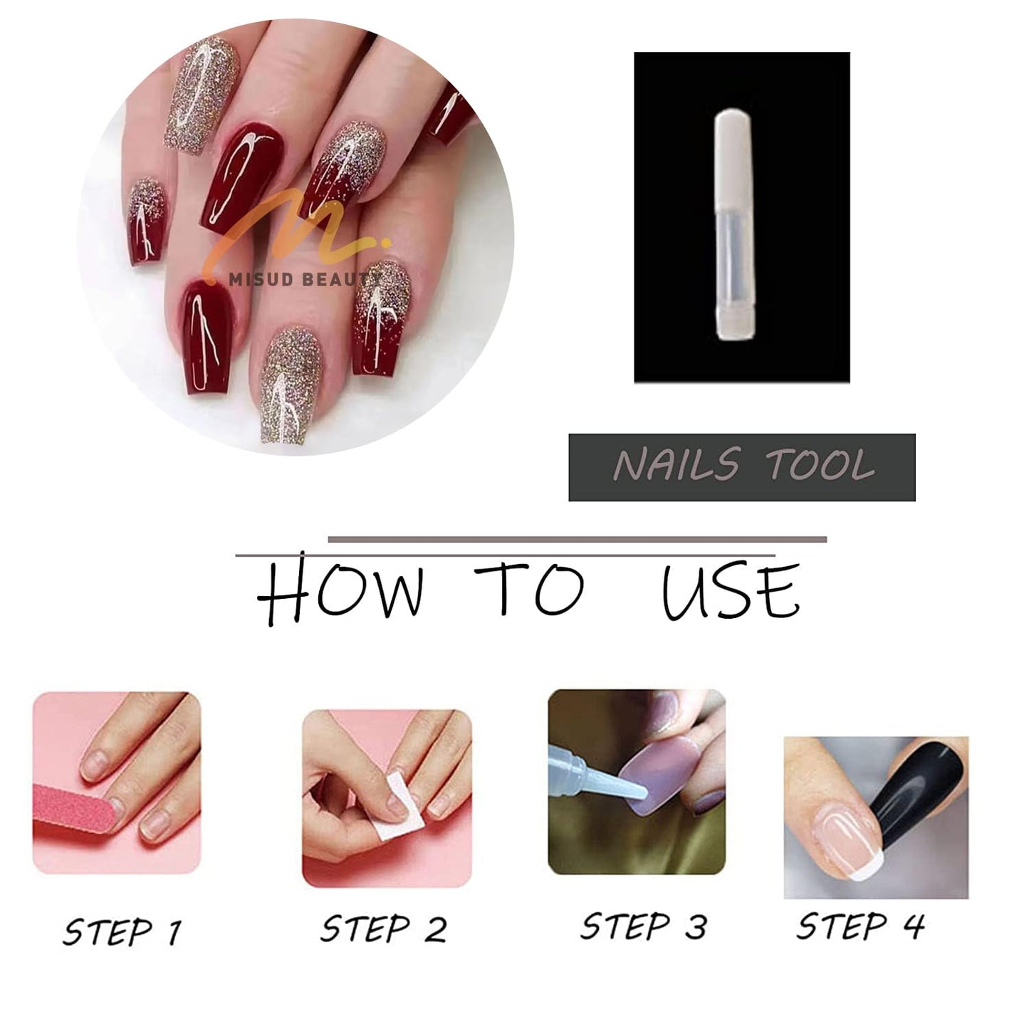 MISUD Press on Nails - Long Coffin Fake Nails with Wine Red, Acrylic Bling Gold Glitter Burgundy Design 24 pcs