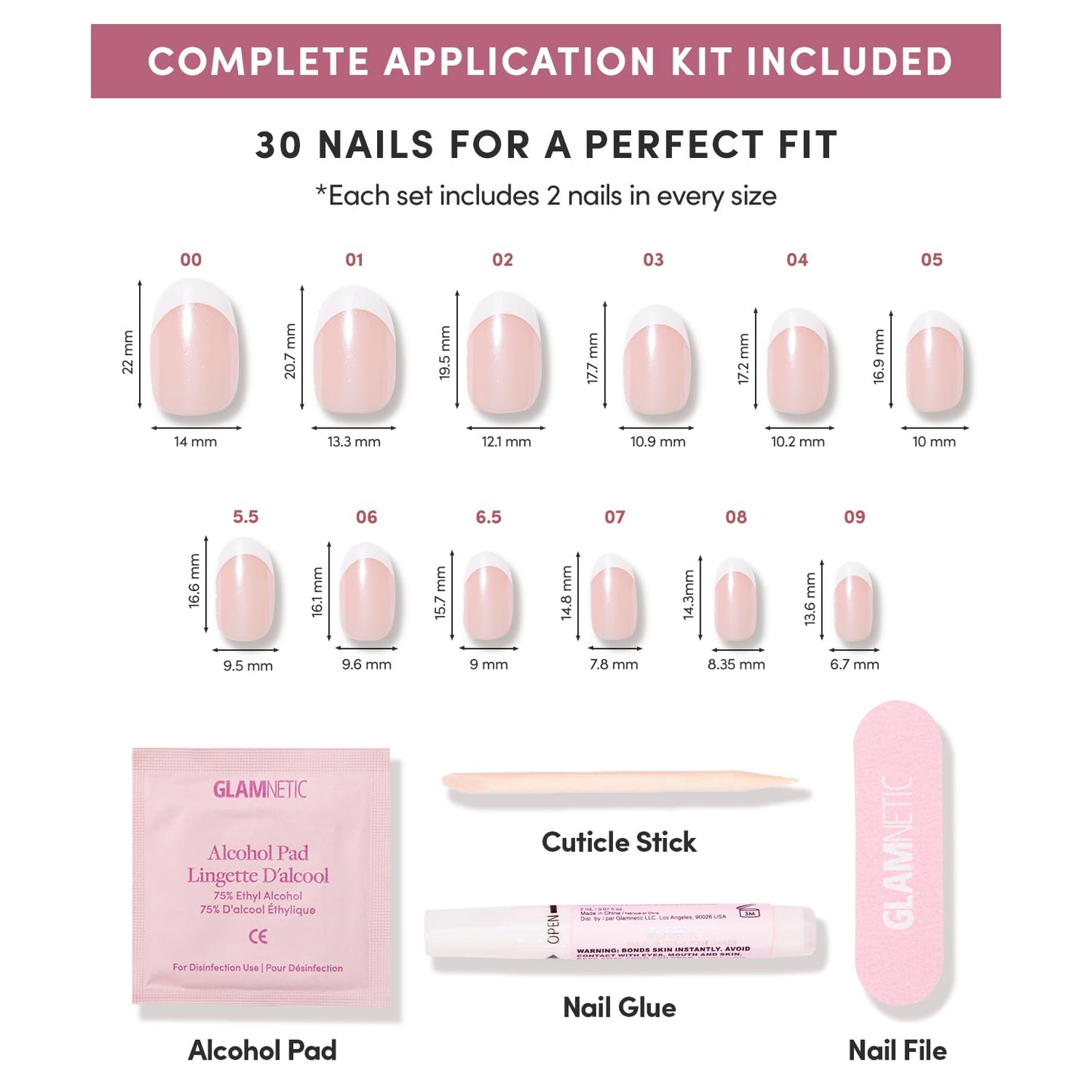 Glamnetic Press On Nails - Short Round Fake Nails, White French Tip Nails, She's A Pearl | 12 Sizes - 30 Nail Kit with Glue | Gift for Mom