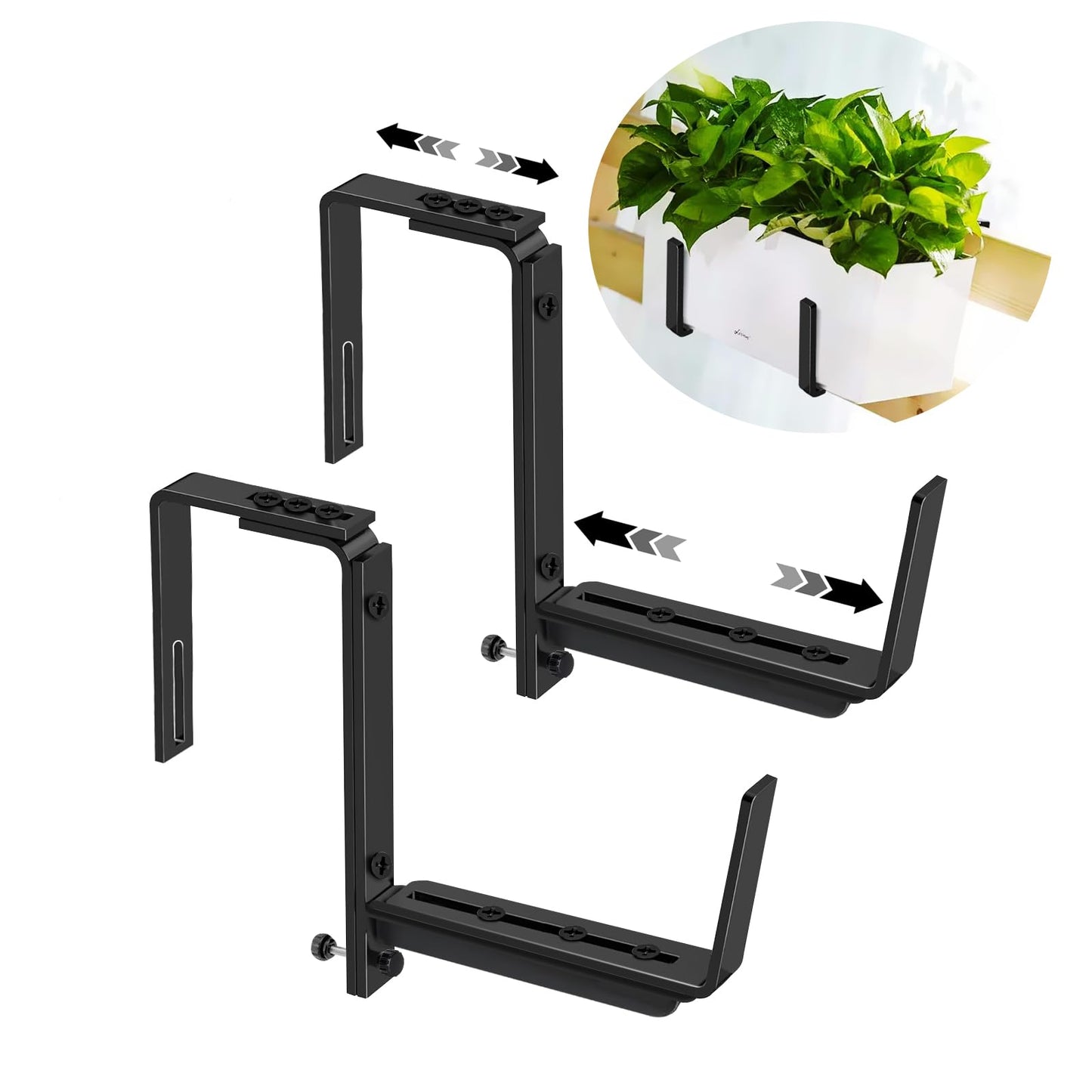 NouraVita Window Box Brackets, Adjustable Hanging Railing Planter Box Brackets, Heavy Duty Wall Mount Iron Flower Box Holder for Outdoor Windowsill, Balcony, Garden, and Fence (2 Pack)