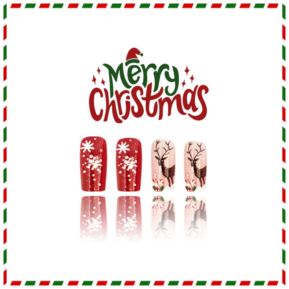 Christmas Press on Nails Medium Square Fake Nails with Red White Spider Designs Full Cover Holly Candy Winter Stick on Nail Xmas EIK Snowflake Glue on Nails Reusable Acrylic False Nail for Women