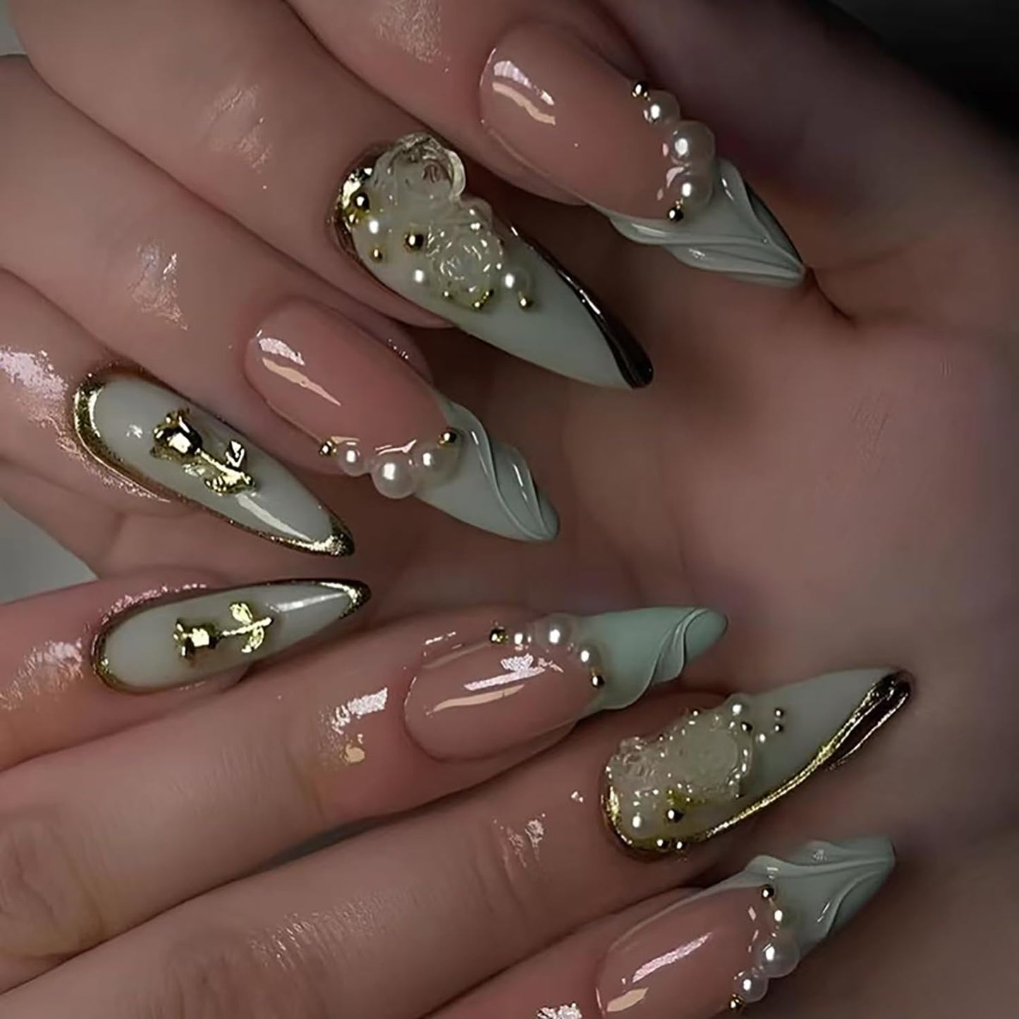 CJDLTS 24Pcs Green French Tip Press on Nails Long Length Gold Rose Flower and Pearl Design 3D Acrylic False Nail Full Cover Artificial Stick on Nails Almond Saped Press Ons Glue on Nails for Women