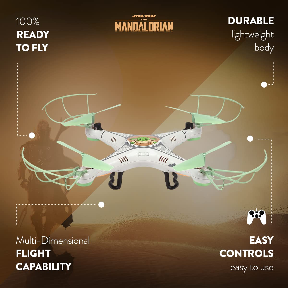Star Wars The Mandalorian Grogu Baby Yoda RC Quadcopter Drone - 2.4GHz 4.5CH Remote Control Flying Drone with Flip Stunt Modes, Built-In Gyro and USB Charging - Kids 6+