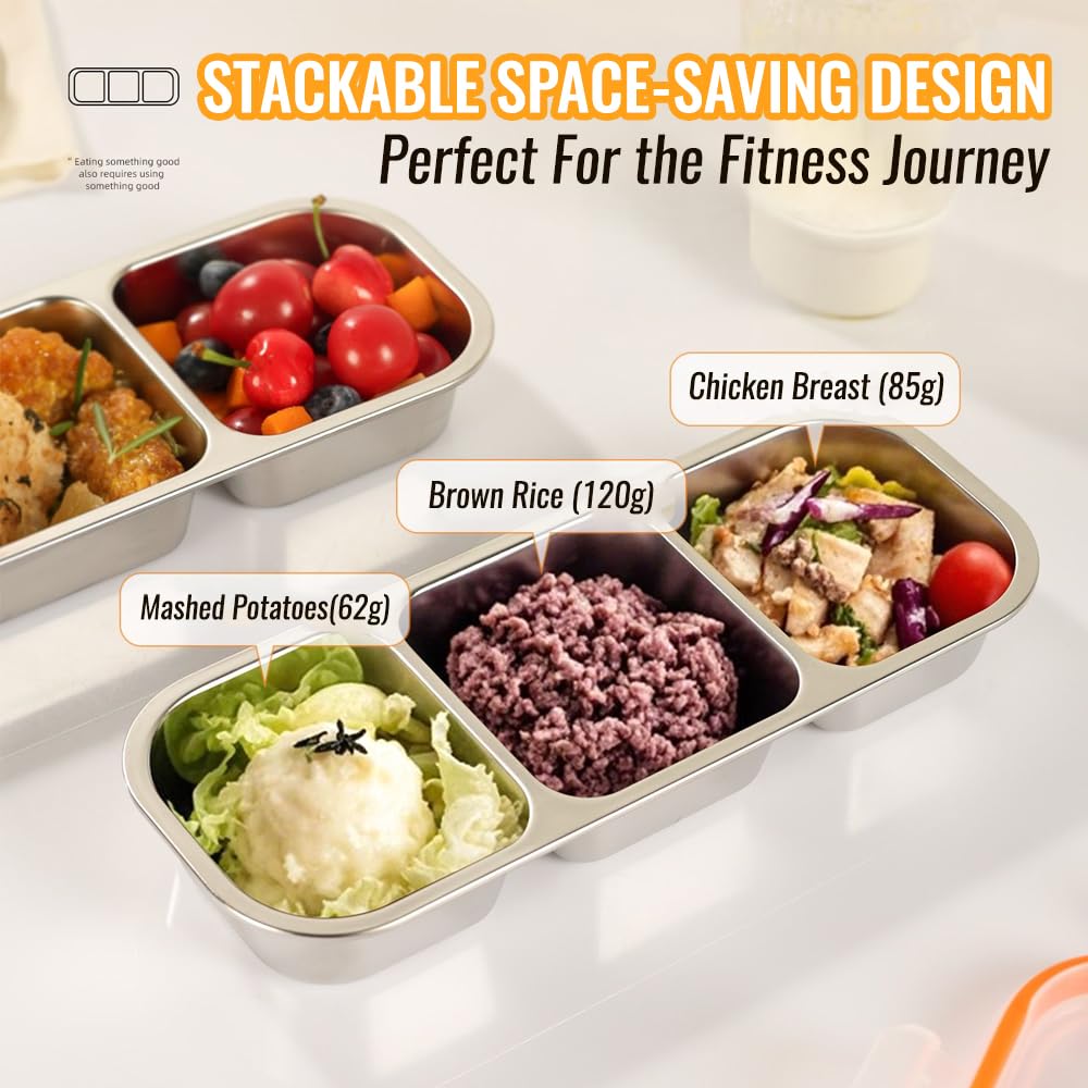 FLEXARO Set of 3 Pack Stainless Steel Snack Container,3 Compartment Bento Lunch Box with Leakproof Grey & Orange Lid,Reusable Metal Food Storage Container,Portable Snack Box for Work,1.5 lb Capacity