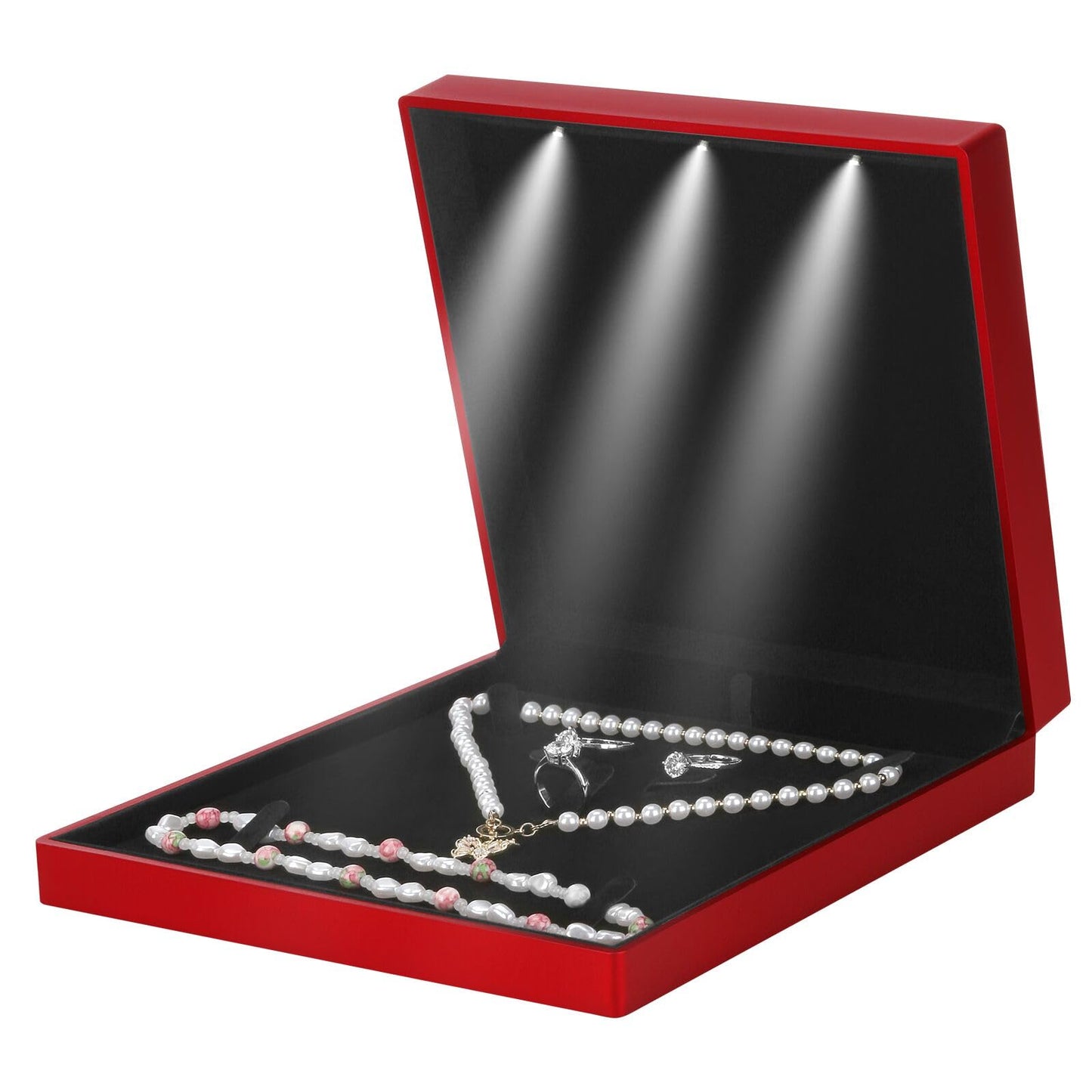 LETURE Large Velvet Jewelry Set Gift Box, Necklace Box With LED Light, Elegant Velvet Gift Box For Bracelet Necklace Earring Ring (Red)