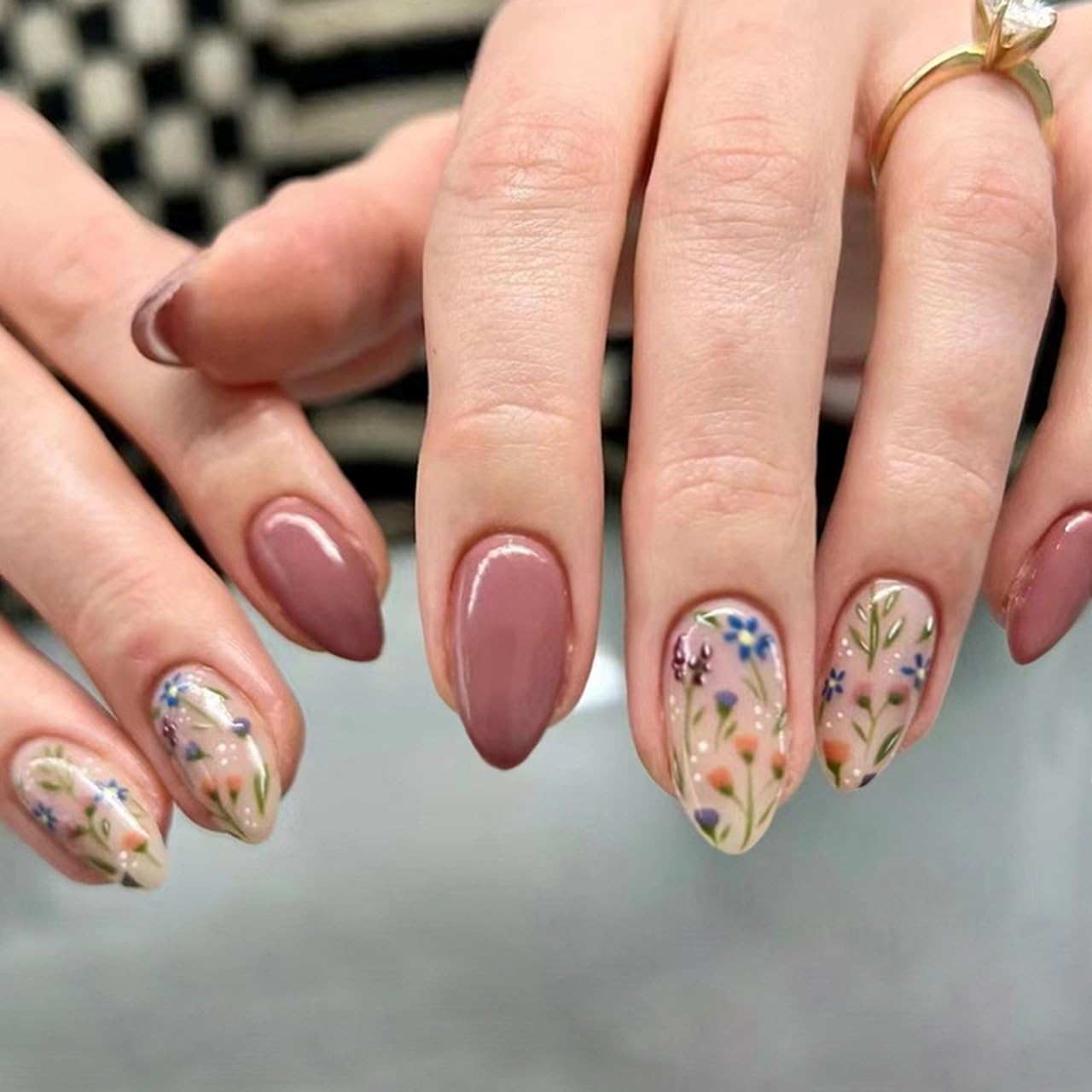 6 Packs (144 Pcs) Almond, Flower & Leaf Press on Nails - Short, Medium Sizes - 6 Styles - Fake Nails Kit for Women
