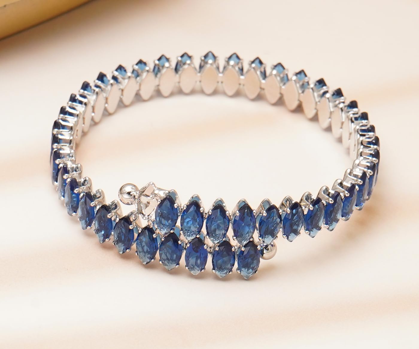 Wovanoo Rhinestone Cuff Bracelet Cubic Zirconia Tennis Bracelets Open Adjustable Bangle for Women Silver Blue