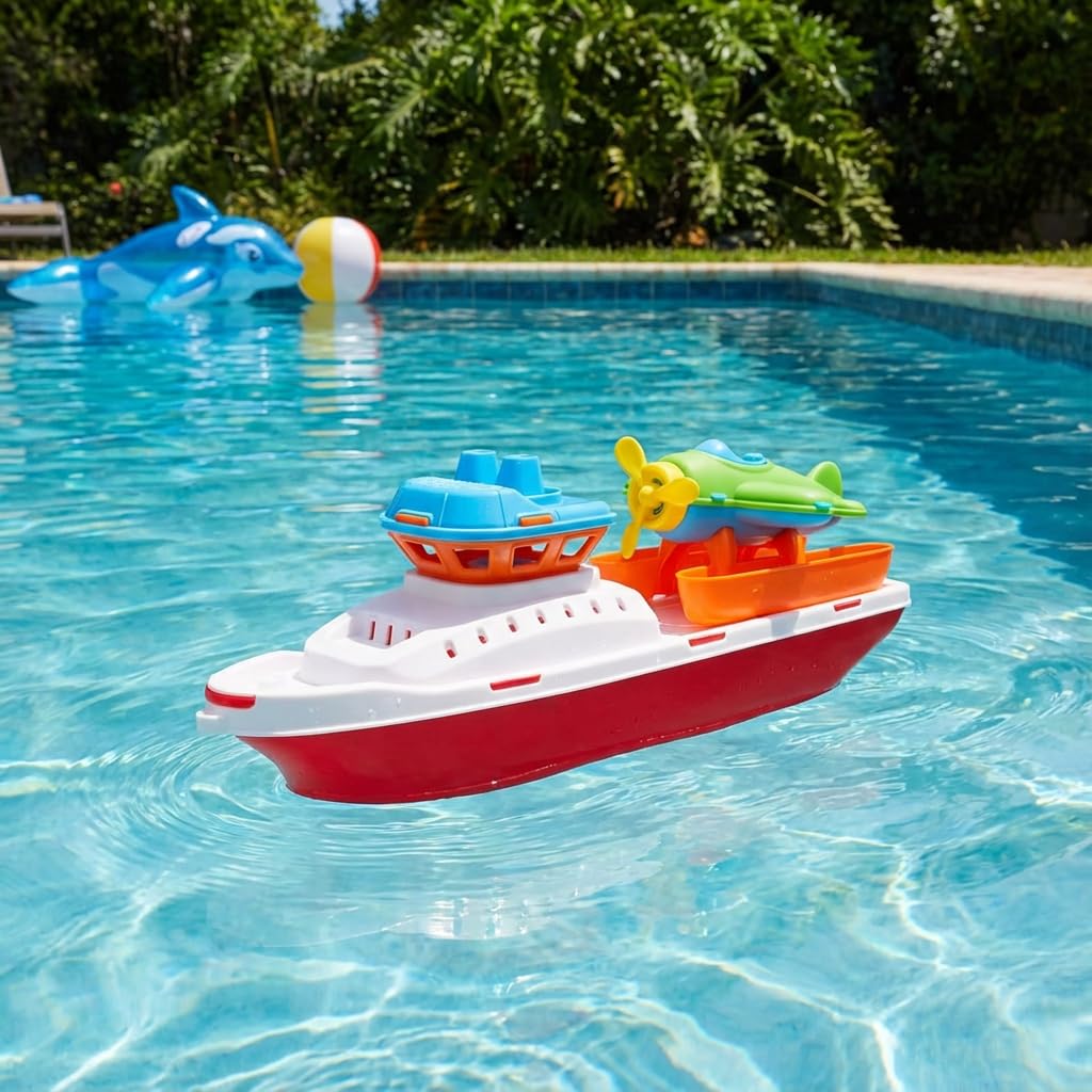 Toyland® 17" Floating Tugboat with Seaplane - Durable Water, Pool and Bathtub Toy for Kids 24 Months Plus - Non-Toxic & Easy Clean Plastic Boat