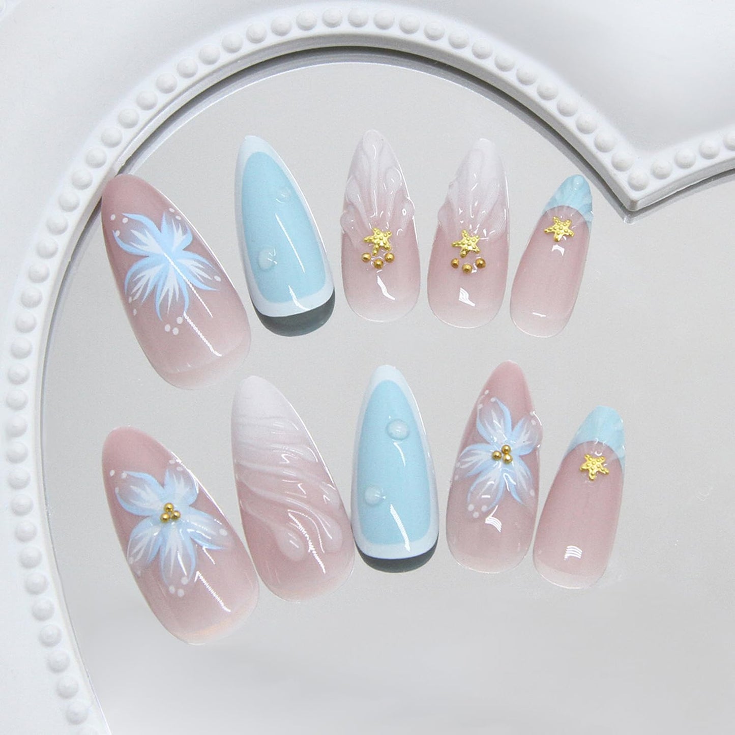 Flower Press on Nails Medium Almond Artificial Acrylic Fake Nails French Blue 3D Floral Starfish with Gold Beads Stick on Nail Full Cover Reusable Coffin Artificial Fingernails for Women Manicure