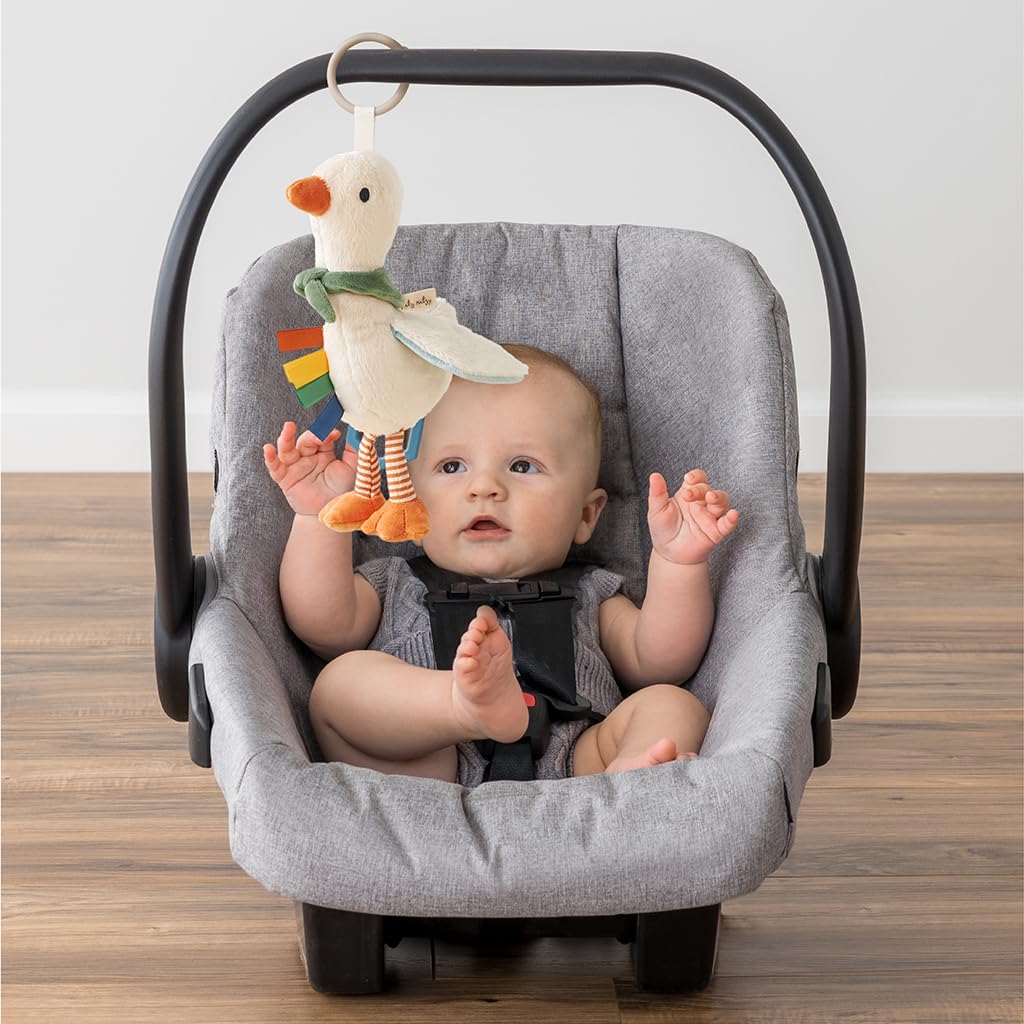 Itzy Ritzy Bitzy Traveler Car Seat & Stroller Toy for Babies – Developmental Sensory Toy Features Crinkle & Rattle Sounds & Multiple Textures – Hanging Travel Buddy for On-the-Go Entertainment (Goose)