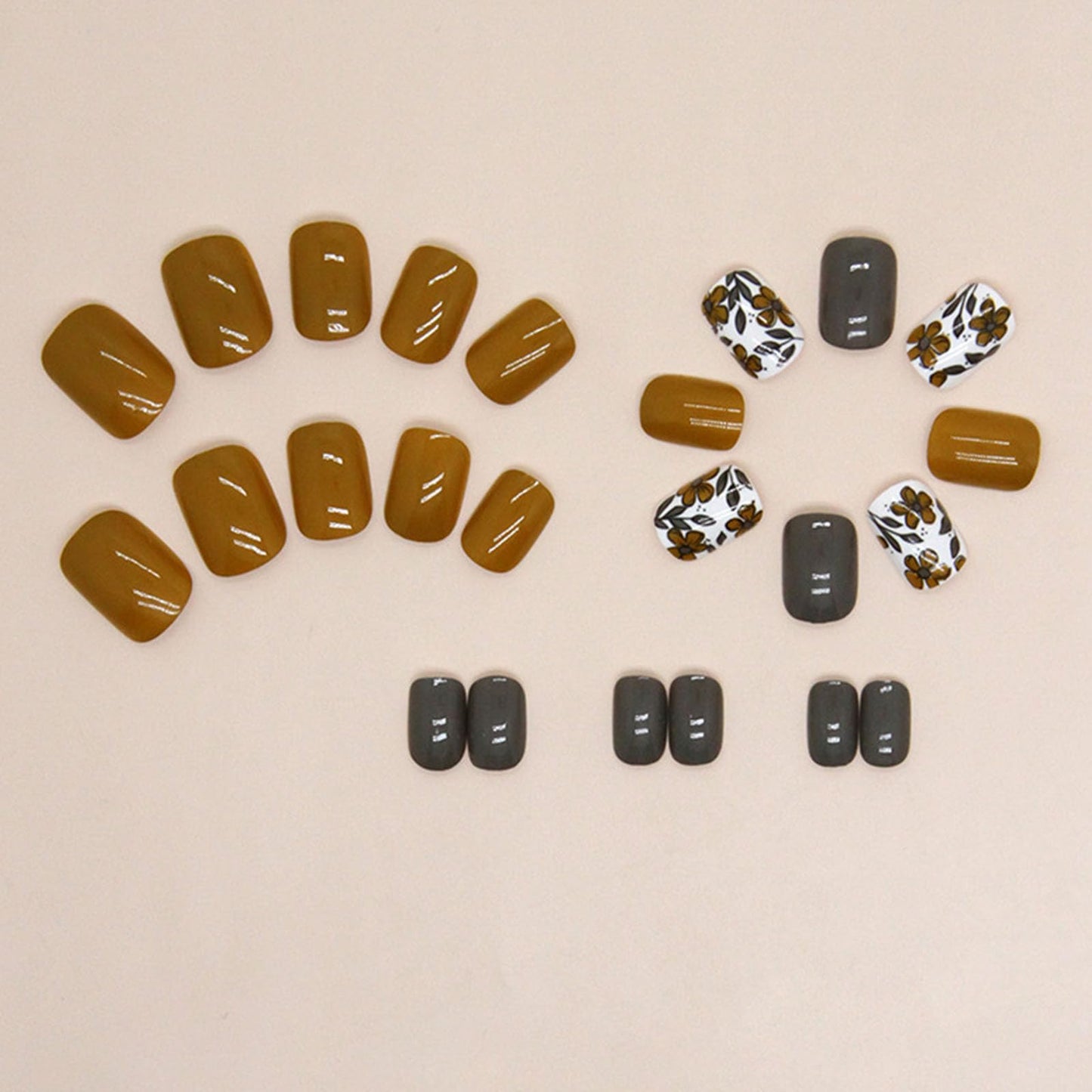 Fall Press on Nails Short Square Fake Nails with Flower Leaves Designs Yellow Nails Press ons Grey False Nails for Women 24Pcs
