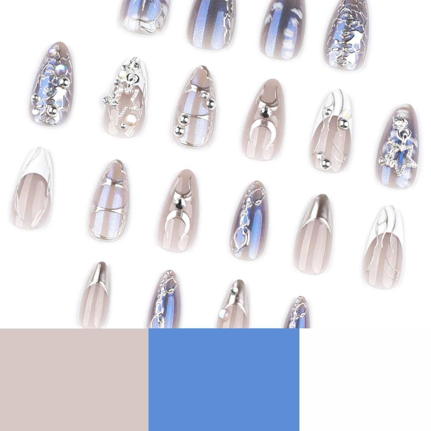 Gothic Chrome Press On Nails with Charms Medium Almond Fake Nails with French Silver 3D Star Art Tip lrregular Designs Handmade Goth Y2K False Nail Stick On Nails for Women 24Pcs