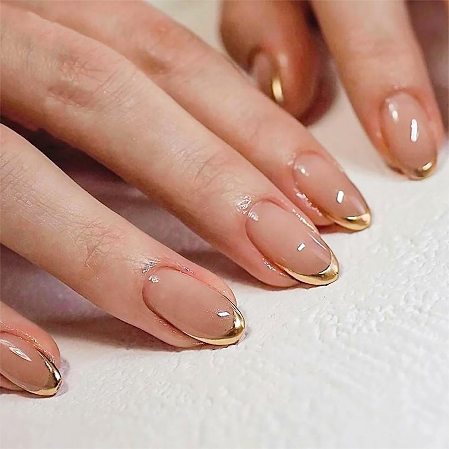 Gold French Tip Press on Nails Medium Oval Shape Pink Almond Fake Nails with Glue Full Cover Glossy False Nails for Women DIY Manicure Decoration 24PCS Reusable Acrylic Nails