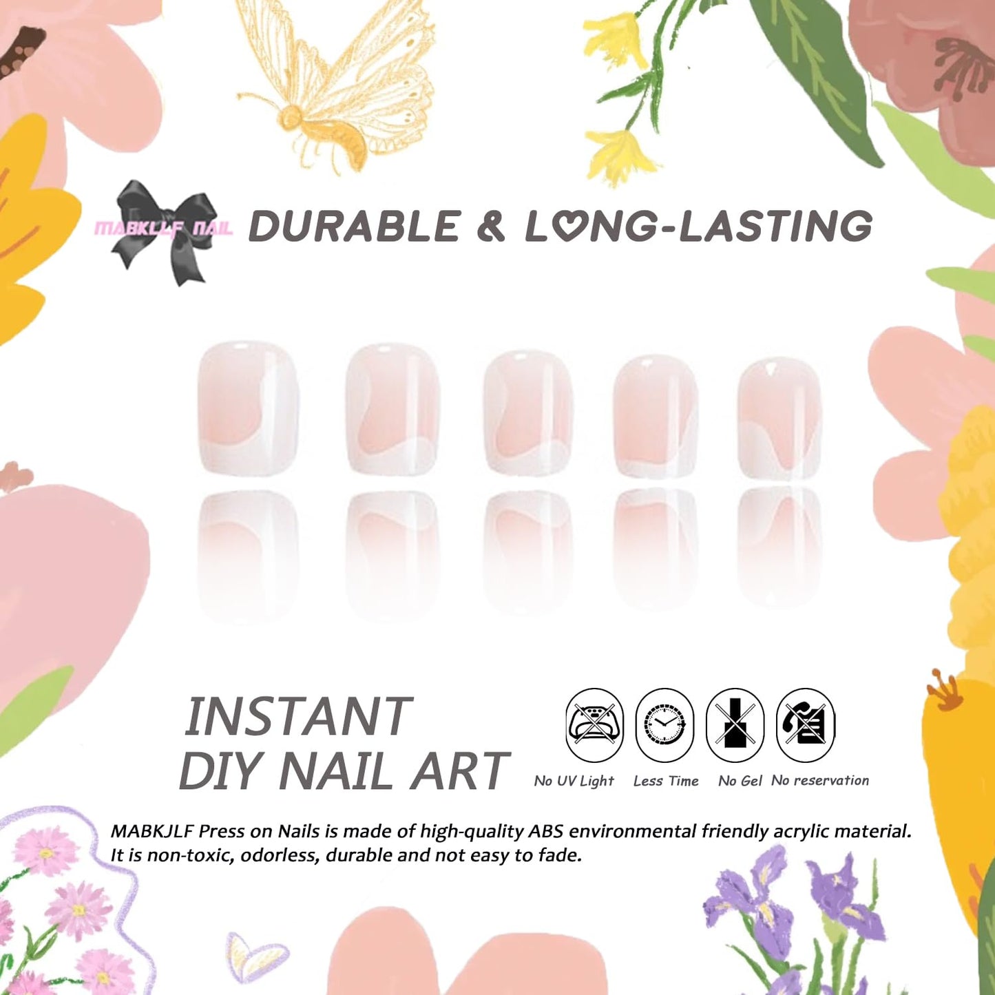 White French Tip Press on Nails Short Square MABKJLF Nude Fake Nails False Nails with Irregular Curve Line Designs Glossy Glue on Nails Acrylic Nails for Women Girls 24Pcs
