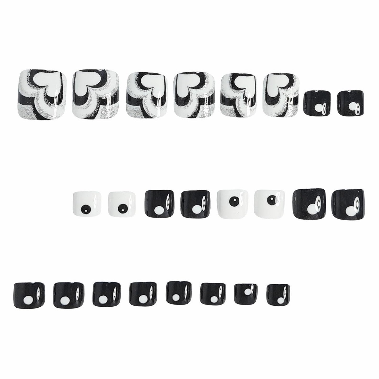 MISUD Toe Press on Nails - Fake Toenails with Black White, Acrylic Toenail Heart Polka Dot Design 24 pcs