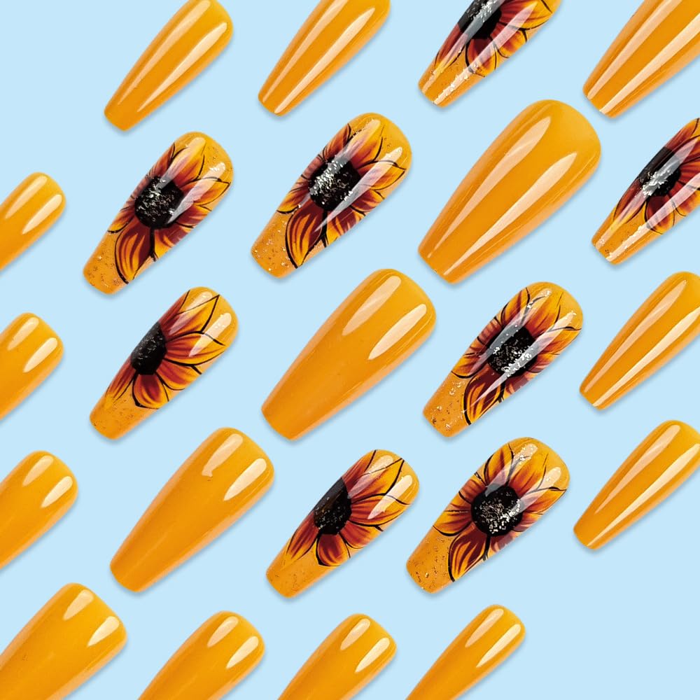 Glitter Yellow Flower Press on Nails Medium Coffin Fake Nails Flower False Nails with Sunflower Designs Glossy Stick on Artificial Nails Spring Summer Acrylic Nail Decorations for Women 24 pcs