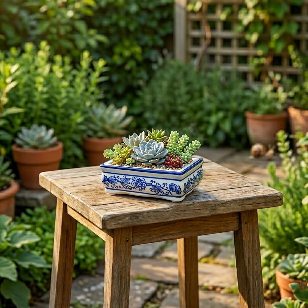 Set of 2 Blue & White Ceramic Bonsai Pots, 7.4" & 4.9" Rectangular Bonsai Planters Pots with Drainage for Outdoor Decor, Small Shallow Bonzie Tree Pot for Succulents, Cacti, Orchids, Herbs Plant Pot
