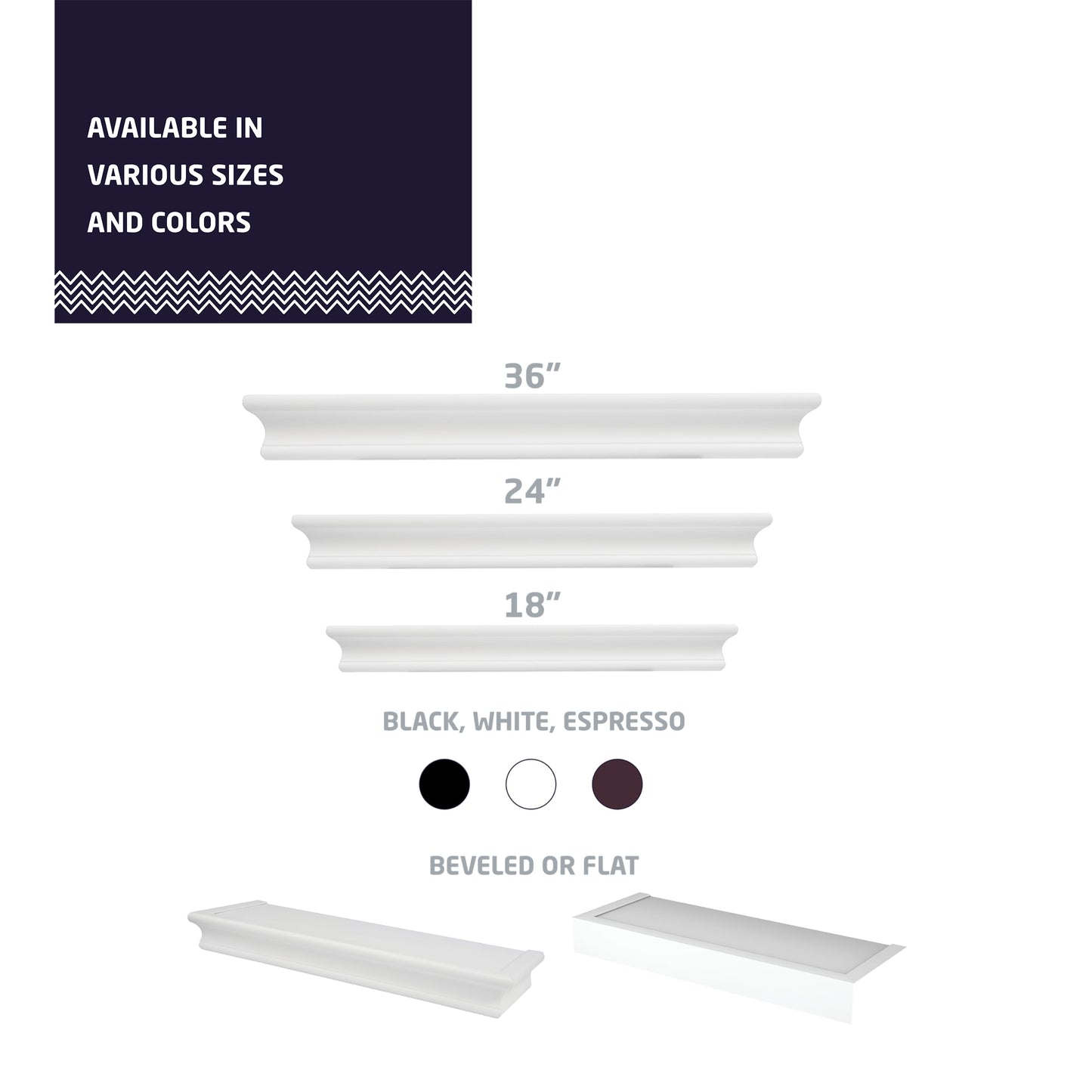 HIGH & MIGHTY Decorative 18" Floating Shelf Holds up to 15 lbs, Easy Tool-Free Dry Wall Installation, Beveled, White | 515654