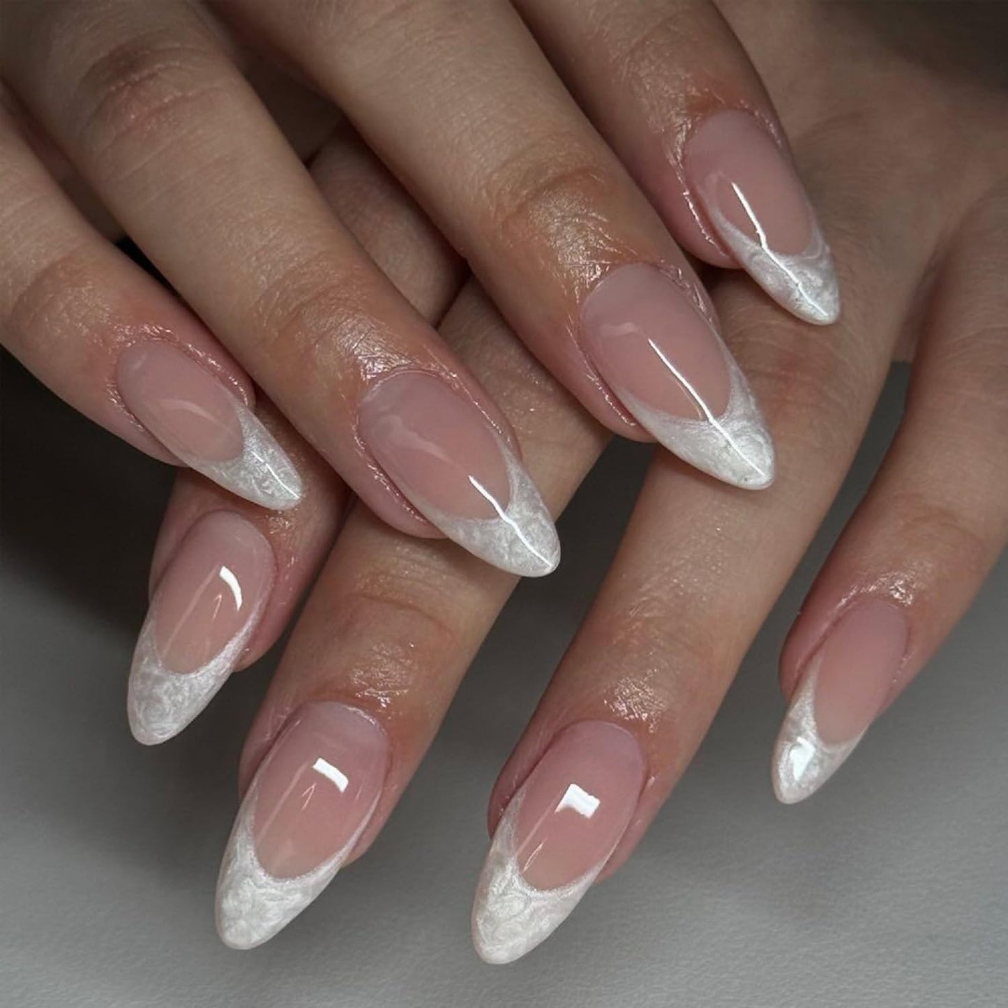 French Tip Press On Nails Medium Almond Fake Nails Nude False Nails With Marbling Design Full Cover Acrylic Glue On Nail Artificial Reusable Stick On Nail For Women DIY Manicure Decorations 24 Pcs