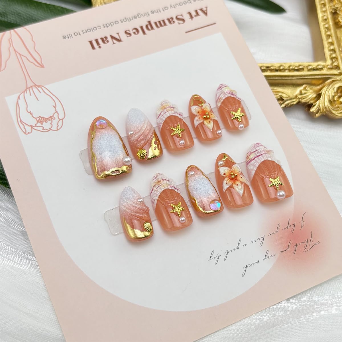 30Pcs Almond Press on Nails Medium Summer Fake Nails with 3D Gold Lines Starfish Shell Rhinestones Design Handmade False Nails Tropical Flower Glue on Nails Cute French Tip Acrylic Nails for Women