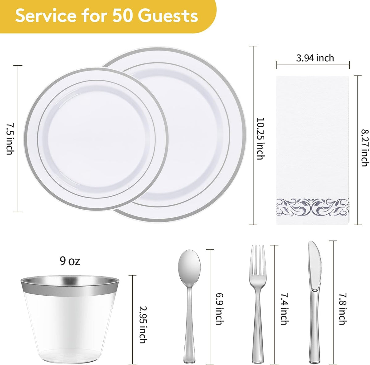 Goodluck 350 Piece Silver Dinnerware Set for 50 Guests, disposable Plastic Plates for Party, Include: 50 Dinner Plates, 50 Dessert Plates, 50 Paper Napkins, 50 Cups, 50 Silverware set