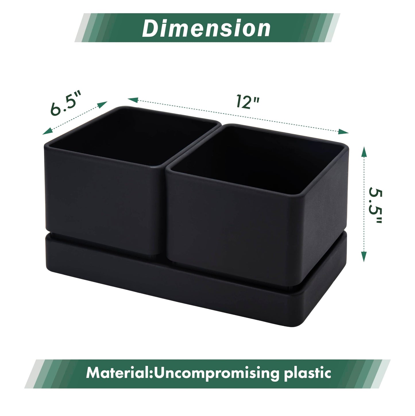 D'vine Dev Indoor Herb Garden Planter Set, Plastic Windowsill Plant Pots with Drainage and Saucer, Indoor Succulent Cactus Vegetable Pot for Balcony, Office, Garden, Black, Set of 2, 76-Q-B-2