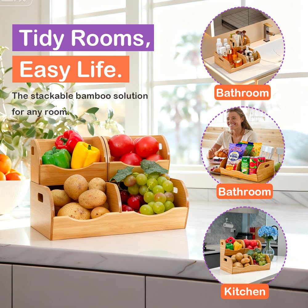 Stackable Bamboo Pantry Organizer - 3-Piece Storage Basket Set for Potato, Onion & Kitchen Cabinet, Tool-Free Assembly, Multi-Size Bins
