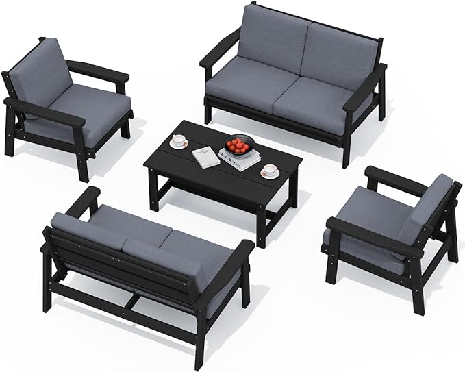SERWALL HDPE Patio Furniture Set, 5 Piece All Weather Wood-Like Sectional Outdoor Furniture Set, Black Patio Sofa Couch with Grey Cushions for Deck, Lawn