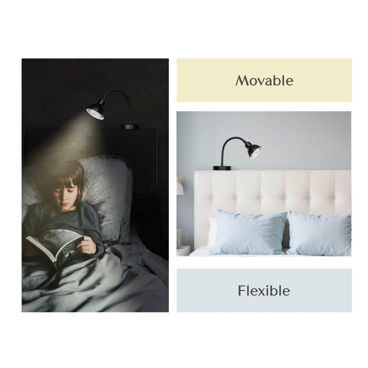 Solfres Patented Innovative Design Headboard Reading Light. No Drilling Golden Book Light for Bedtime Reading. Dimmable LED Book Reading Lamp with Bulb. Movable & Flexible, Black