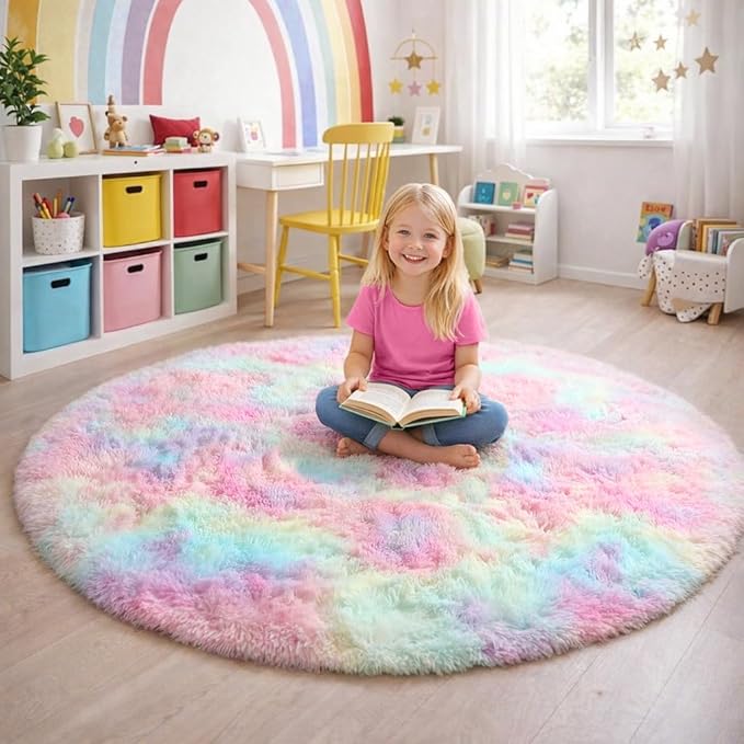 Amdrebio Rainbow Fluffy Round Rug 6Ft Kids Rugs for Girls Bedroom, Unicorn Room Decor, Colorful Pastel Plush Floor Carpet for Playroom Baby Nursery, Cute Shag Kawaii Circle Area Rug for Teen Princess
