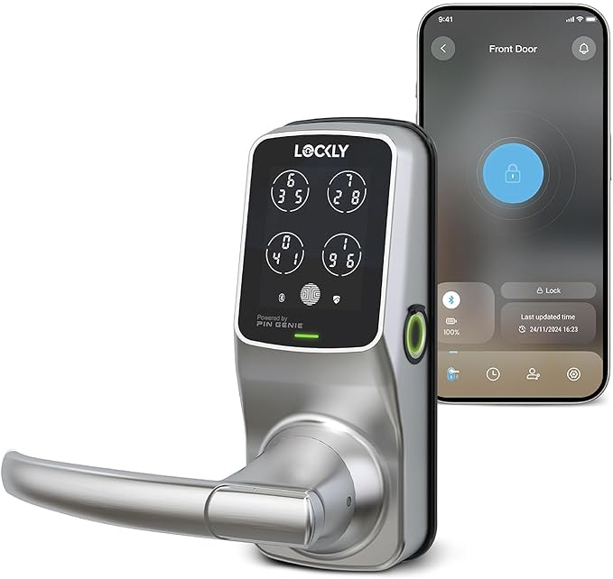 Lockly Secure Plus Bluetooth Smart Door Lock, Keyless Entry with PIN Genie® Digital Keypad, 3D Biometric Fingerprint Sensor Front Door Lock with Handle, Voice Control & Auto Lock - Latch Edition