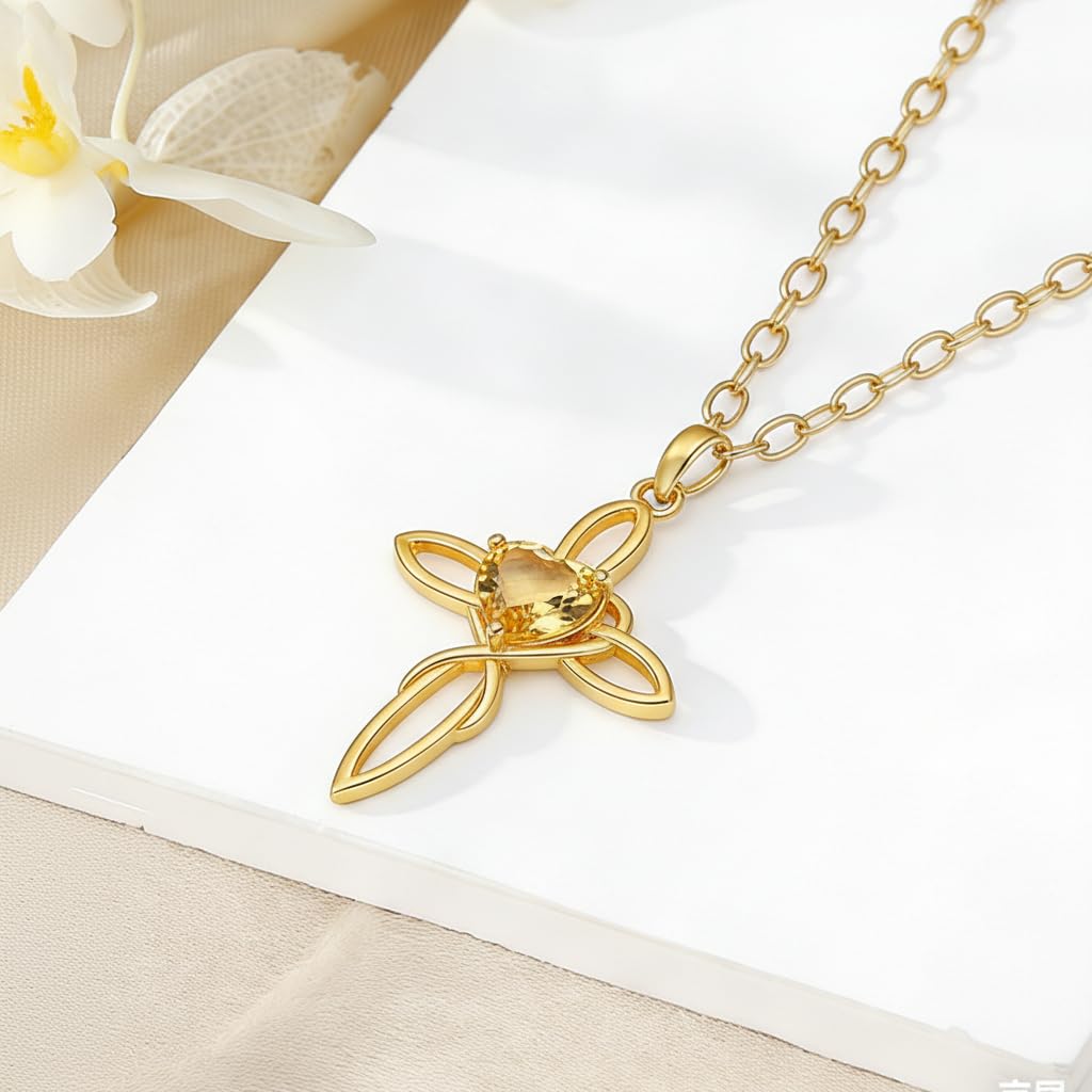 POIUY 14K Gold Celtic Knot Cross Birthstone Necklace for Women Irish Infinity Heart Pendant Cross Jewelry Baptism Faith Anniversary Valentines Birthday Mothers Day Gifts for Mom Wife Her
