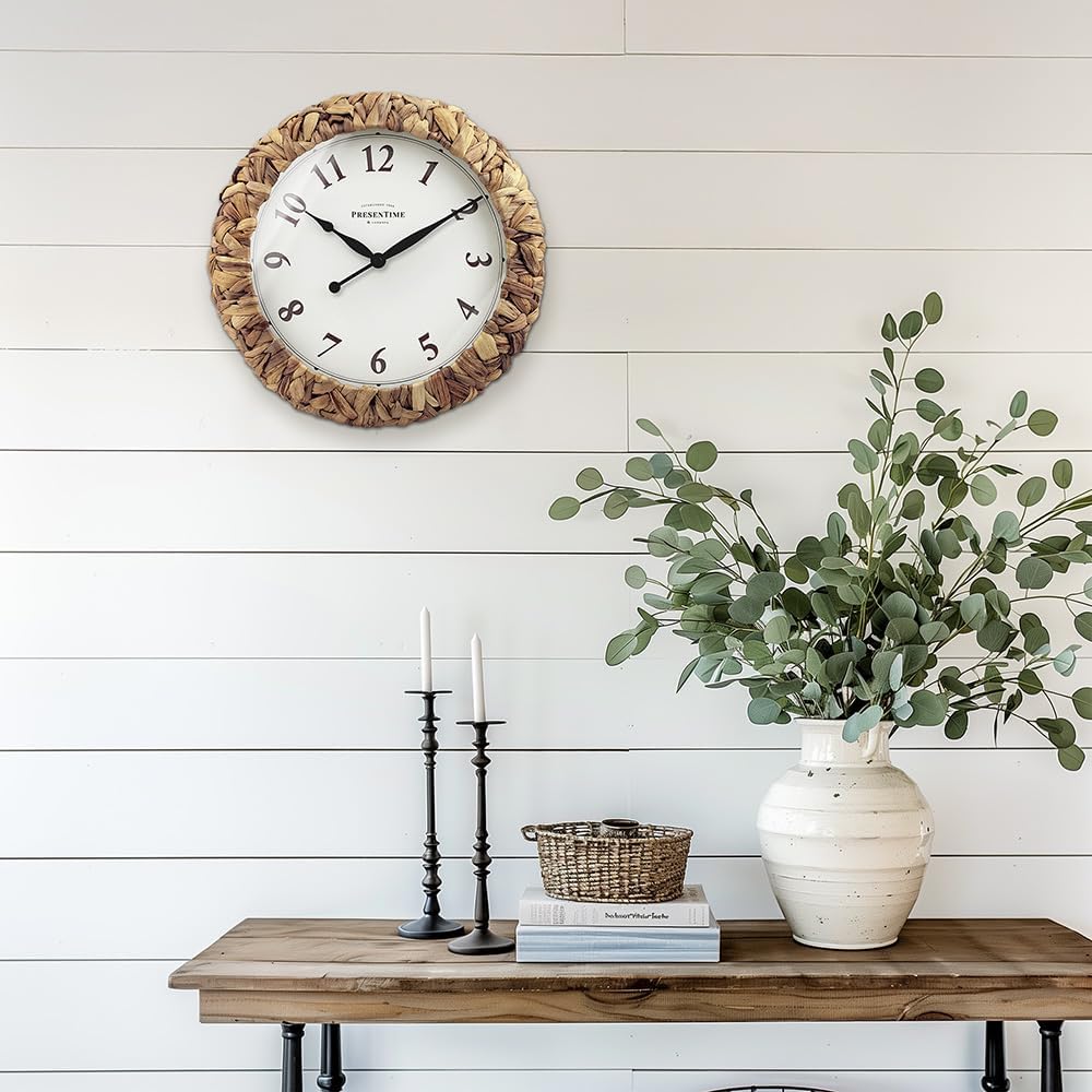 Presentime & Co. Farmhouse Series, Rustic Woven Clock, 14 inch, Natural Woven Water Hyacinth/Sea Grass. Wall Sculpture, Wall Art and Timepiece for Home Decoration/Decoration/Farmhouse Décor