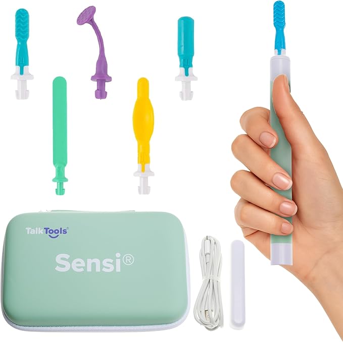 TalkTools Sensi Rechargeable Oral Sensory Therapy Tool with Soft Sensi Jaw Tips – 5-Piece Adjustable Sensory Stimulation Set for Oral Motor Awareness & Feeding Skill Development – Green