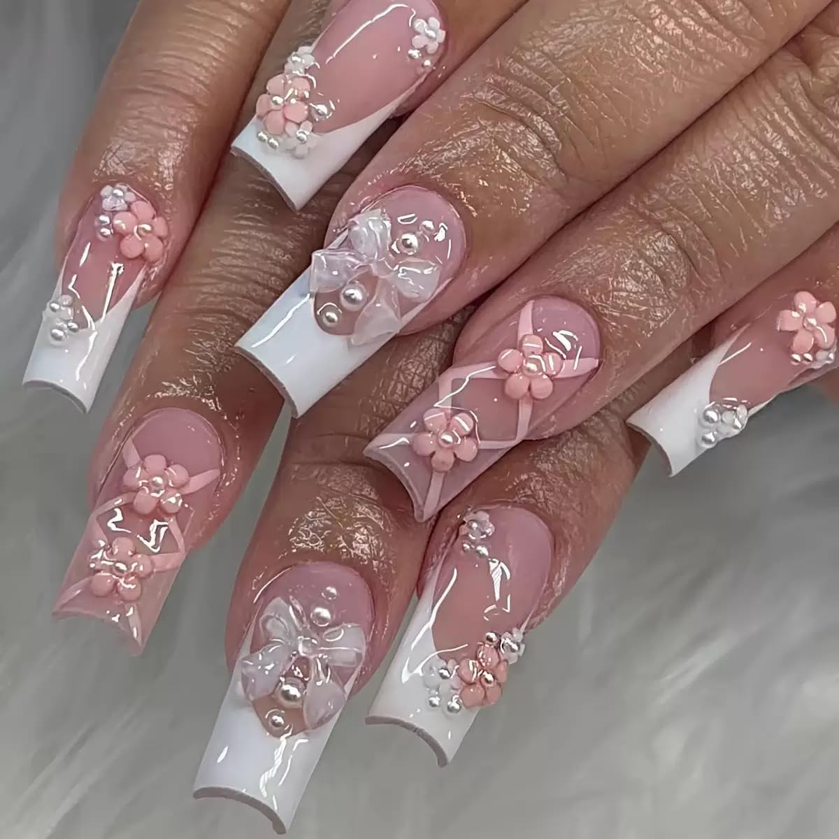 French Tip Press on Nails Square Medium Length Fake Nails 3D Flowers Acrylic Nails Spring Floral False Nails Glossy Ballet Artificial Nails Glue on Nails for Women Manicure Nails Decoration 24Pcs