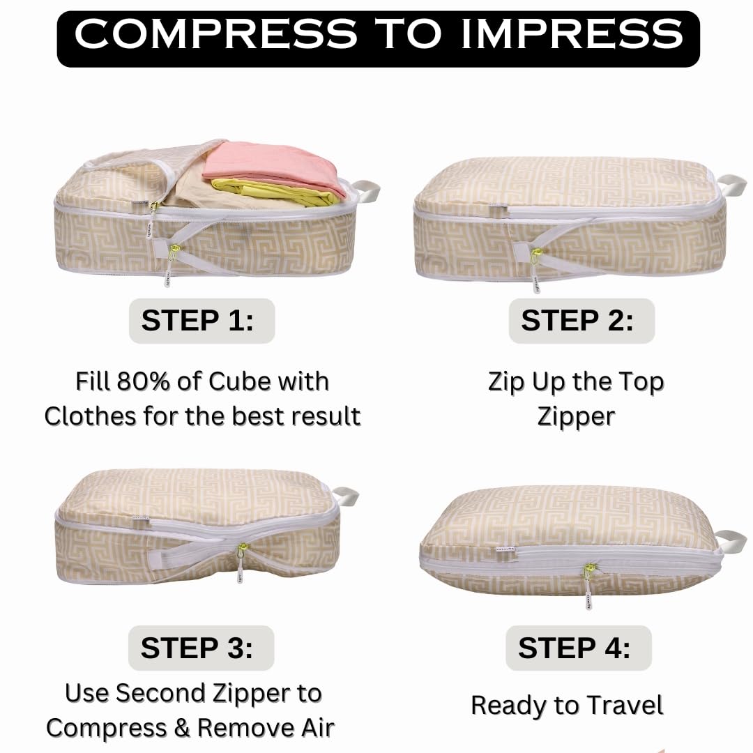 Vatalife Compression Packing Cubes for Travel 6PC Set - Suitcase Organizer & Space Saver Bags for Carry On Luggage with Drawstring Backpack Beige Boho