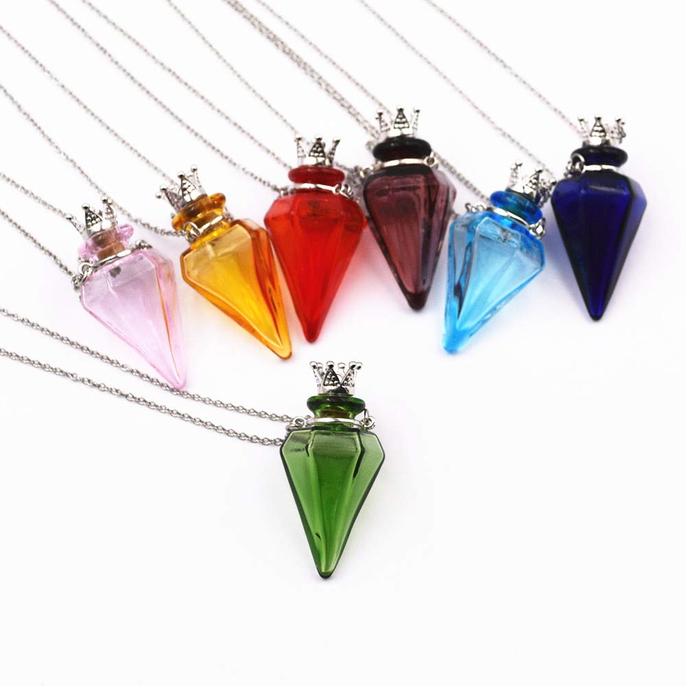 Colored glass Pendant Necklace Aromatherapy Perfume bottle necklace 50cm Stainless steel chain (Green)