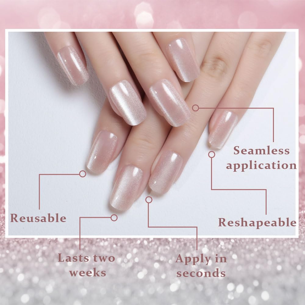 evpct Light Nude Cat Eye Press on Nails Medium Square No Glue, Medium Square Press Stick on Nails Chrome for Women, Nude Holographic Glitter Glossy Reusable Soft Acrylic Fake Nail with Cateye Design