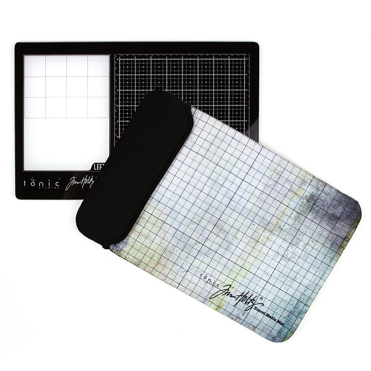 Tim Holtz Travel Glass Cutting Mat - Left Handed Portable Work Surface with 8x8 Measuring Grid and Palette for Mixed Media - Art Supplies with Carry Case