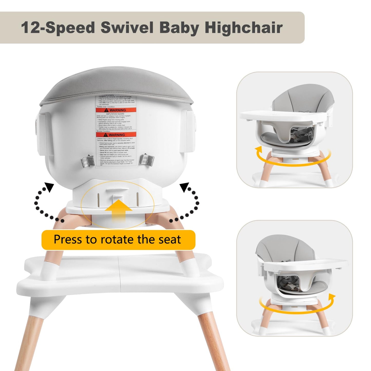 Komcot Baby High Chair, 7 in 1 Convertible High Chairs for Babies and Toddlers, Kids Learning Table, Building Block Table, Toddler Dining Chair with 360° Rotating Seat, 5-Point Safety Harness (Grey)