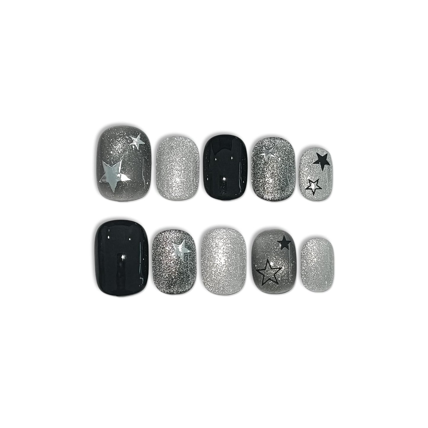 TENPAL Glitter Cat Eye Press On Nails 10 Pcs with Tools Kit - Handmade Black Grey Starry Sparkle Glue on Nails, Glossy Short Square Edgy Sweet False Nails,Reusable Fake Nails for Date Night Party(XS)