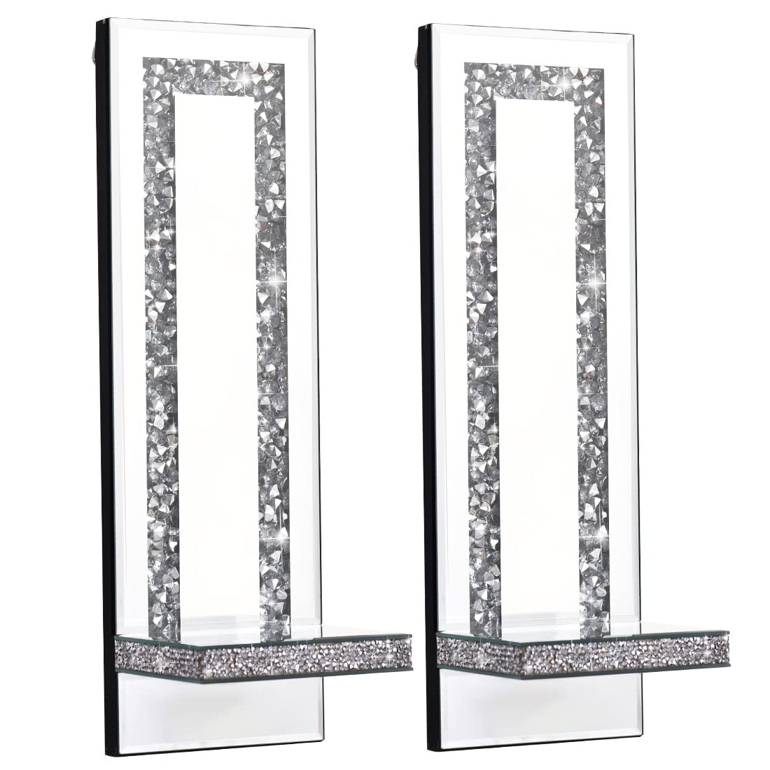 Aeveco Crystal Crush Diamond Mirrored Candle Sconces, Silver Wall Candle Holder Set of 2, Wall Decorations for Living Room，Dining Room (Rectangle Stripe (Style 4))