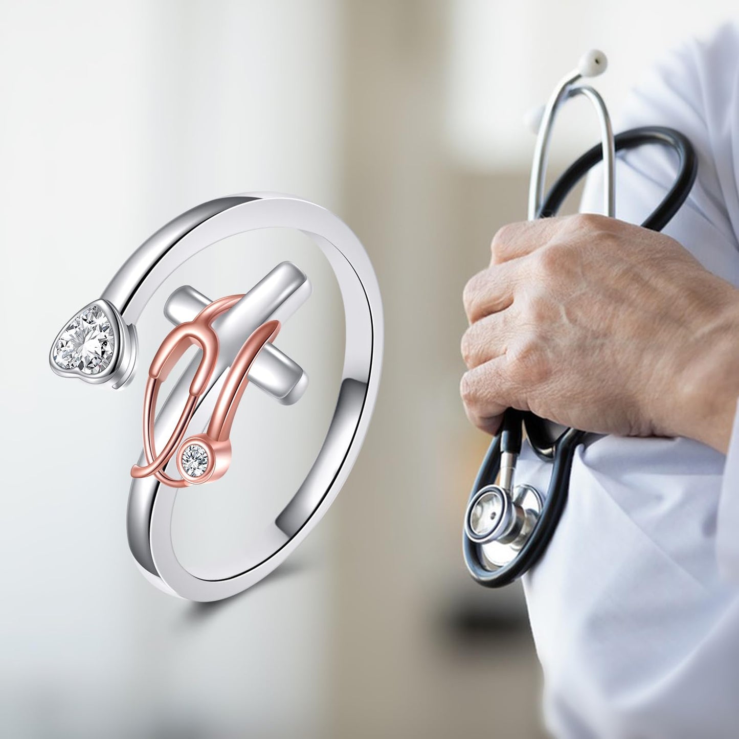 JBAERD Personalized Stethoscope Cross Ring Sterling Silver Adjustable Stethoscope Heart Ring Cross Jewelry Gifts for Women