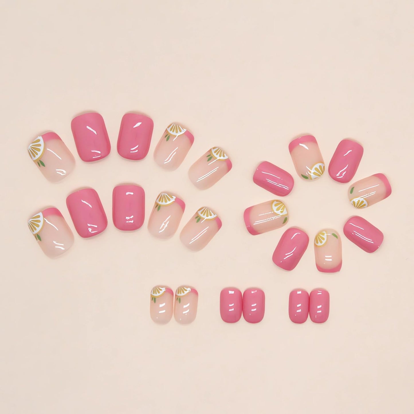 IMSOHOT Short Square Pink French Tip Fake Nails Cute lemon Designs Glossy Glue on 24 Units Summer Fruit Squoval Artificial Nails
