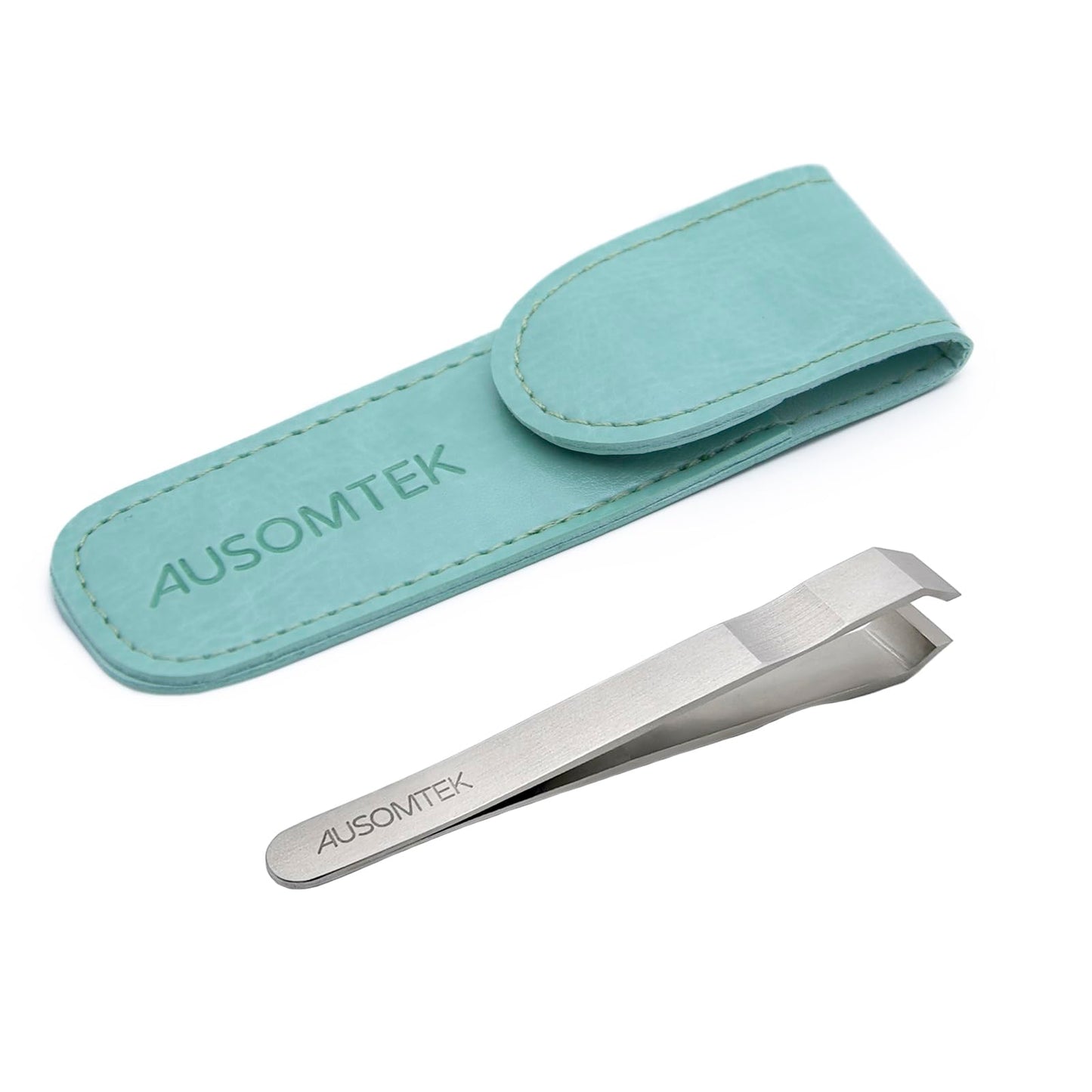 AUSOMTEK Beard & Hair Plucking Tweezers, Fine Eyebrow Tool, Stainless Steel, 10mm Tip, Anti-Slip Slot Design, Cyan PU Case