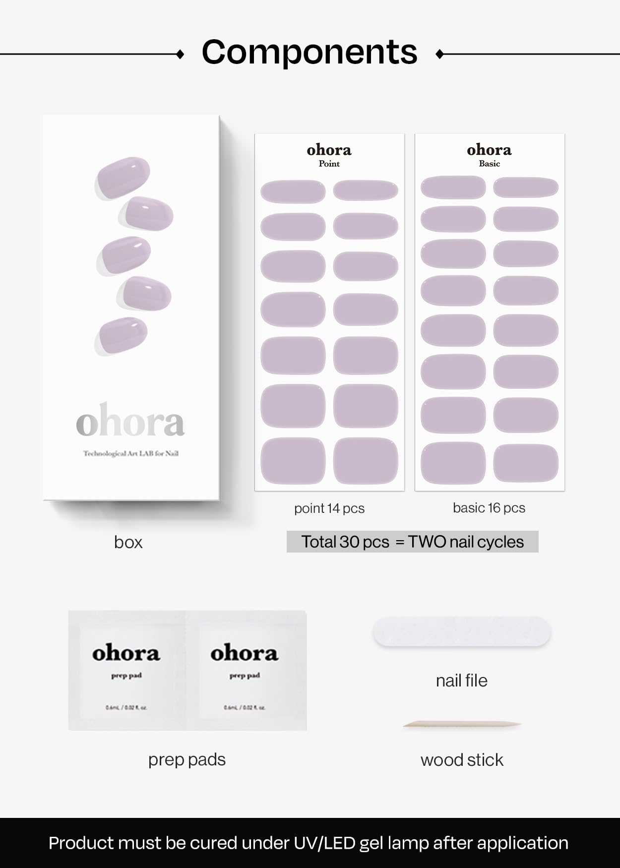 ohora Semi Cured Gel Nail Strips (N Cream Lavender) - Purple, Solid, Works with Any UV/LED Lamps, Salon-Quality, Long Lasting, Easy to Apply & Remove - Includes 2 Prep Pads, Nail File & Wooden Stick
