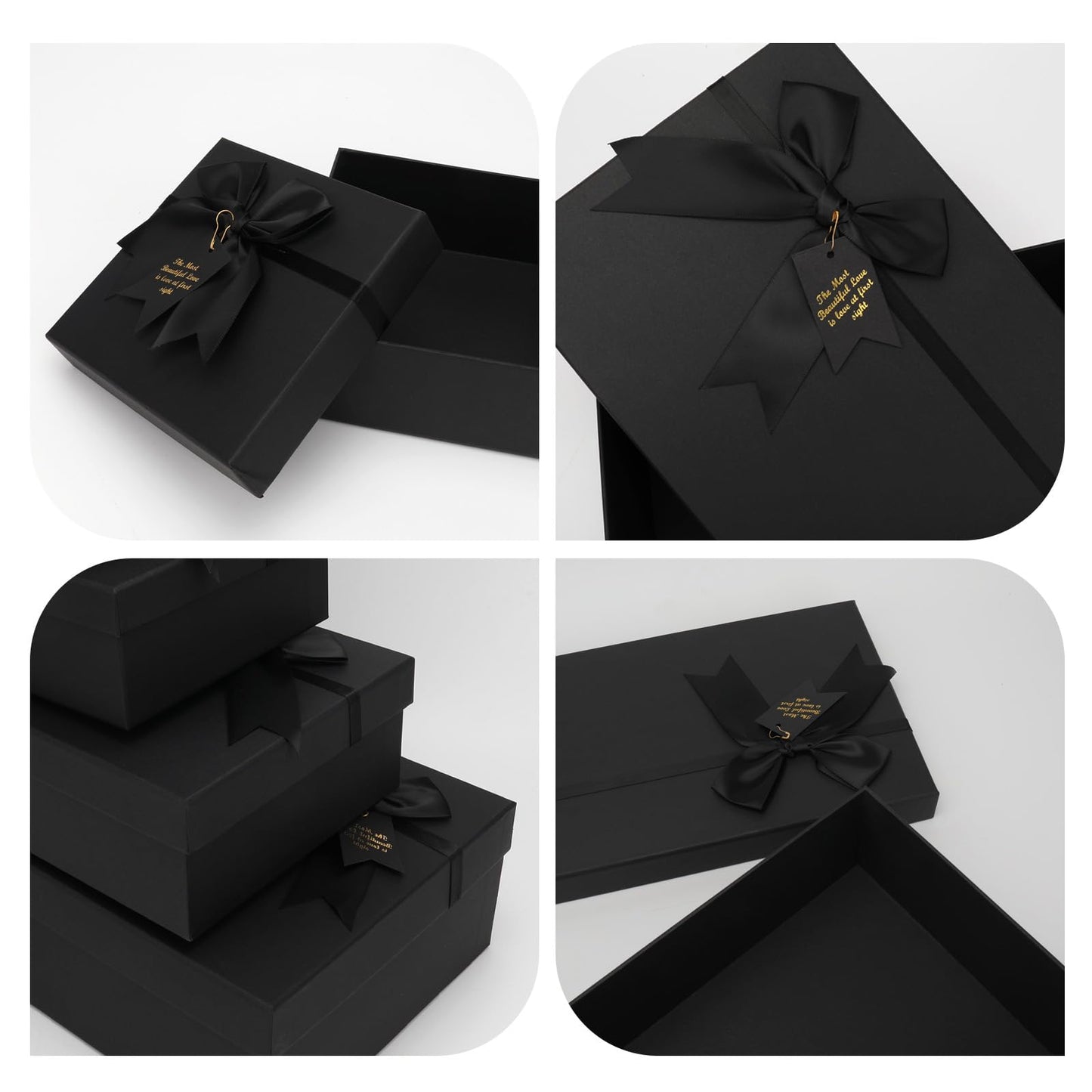 5 Pack Black Nested Gift Boxes with Lid for Valentine's Presents, Luxury Packaging with Ribbon Bows and Gift Labels for Thanksgiving, Birthdays, Weddings, and Mother's Day, 5 Sizes Included (13.6" to 4.9")
