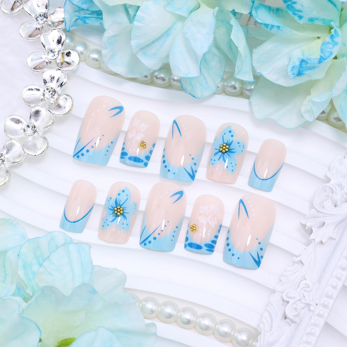 Blue Flower Press on Nails Short Square False Nails French Tip Fake Nails with Gold Beads Flower Design Spring Summer Glue on Nails Cute Acrylic Nails Glossy Artificial Stick on Nails for Women 24Pcs